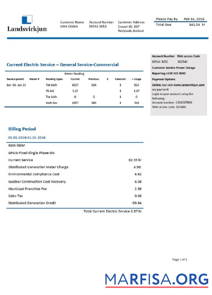 Printable Iceland National Power Company of Iceland Landsvirkjun electricity utility bill example